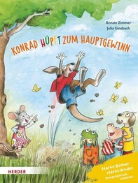 Konrad K&auml;nguru und Rita Rennmaus. Konrad h&uuml;pft zum Hauptgewinn
